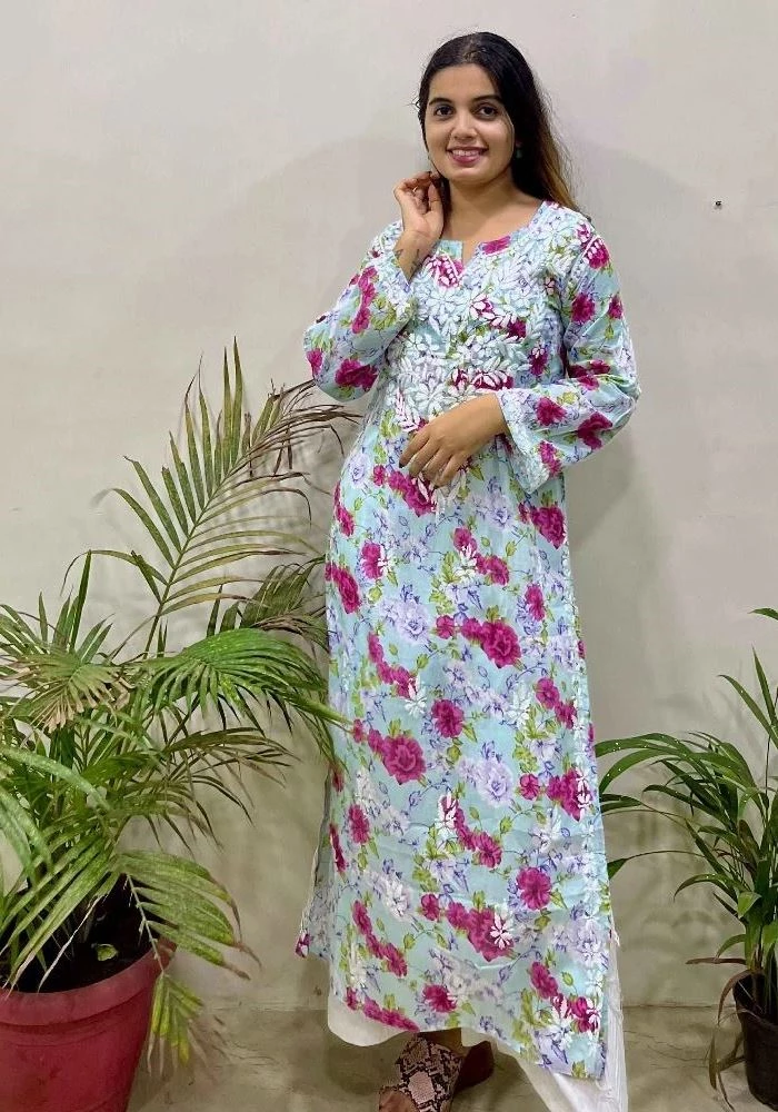 Flowery Blue Cotton Kurti with White Chikankari Embroidery-1.webp